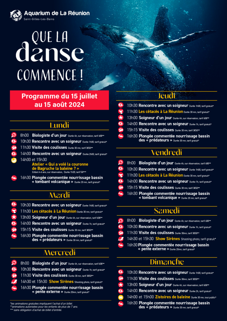 Planning de Juillet et août de l'aquarium de La Réunion à Saint-Gilles Les Bains